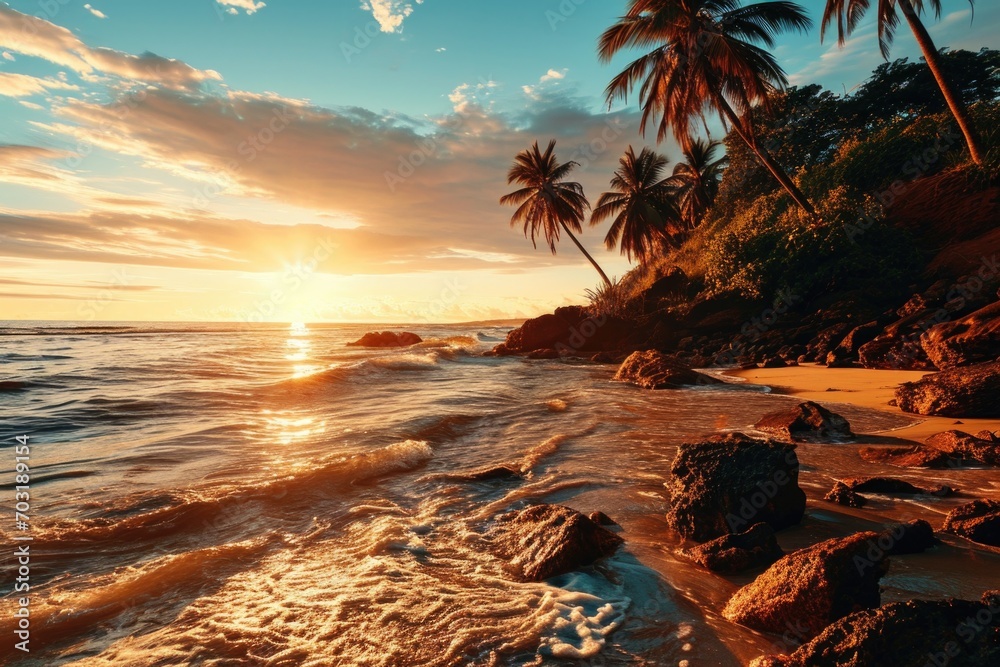 A beautiful sunset over the ocean on the beach. Perfect for capturing the serene beauty of nature. Ideal for travel brochures, website backgrounds, and inspirational content