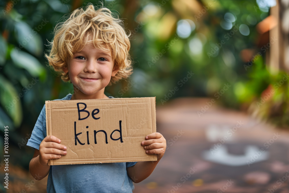Be kind concept image with a young child kid holding a sign with written english words Be Kind and warm colors - obrazy, fototapety, plakaty 
