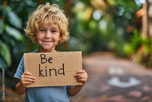 Be kind concept image with a young child kid holding a sign with written english words Be Kind and warm colors photo