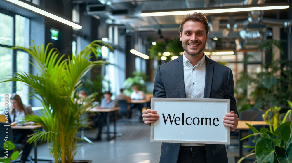 Welcome to company concept image with male manager holding a welcome ...