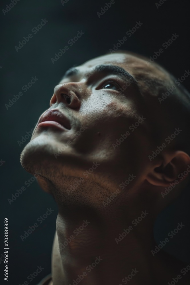 A close-up shot of a man looking up. This image can be used to depict curiosity, hope, or inspiration A close-up shot of a man looking up. This image can be used to depict curiosity, hope, or inspiration