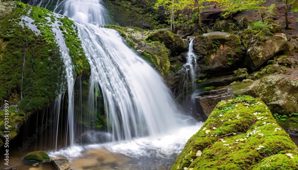 Fototapeta premium A beautiful waterfall cascading over mossy rocks in a forest