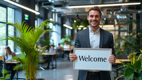 Welcome to company concept image with male manager holding a welcome sign board to make feel welcome the newcomers to the company in the open space office