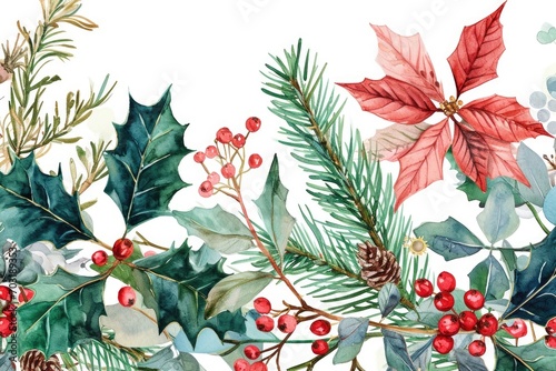 A beautiful watercolor painting featuring holly leaves and berries. Perfect for holiday-themed designs and festive decorations