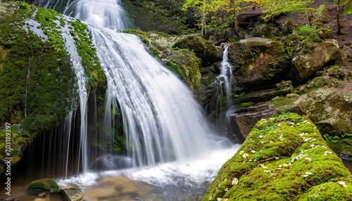 A beautiful waterfall cascading over mossy rocks in a forest