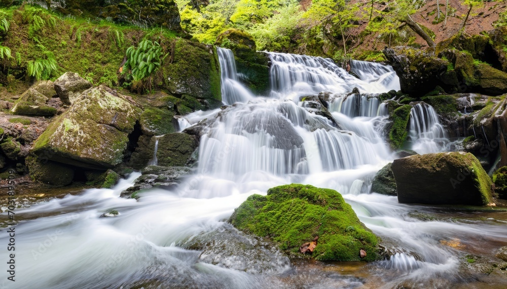 A beautiful waterfall cascading over mossy rocks in a forest