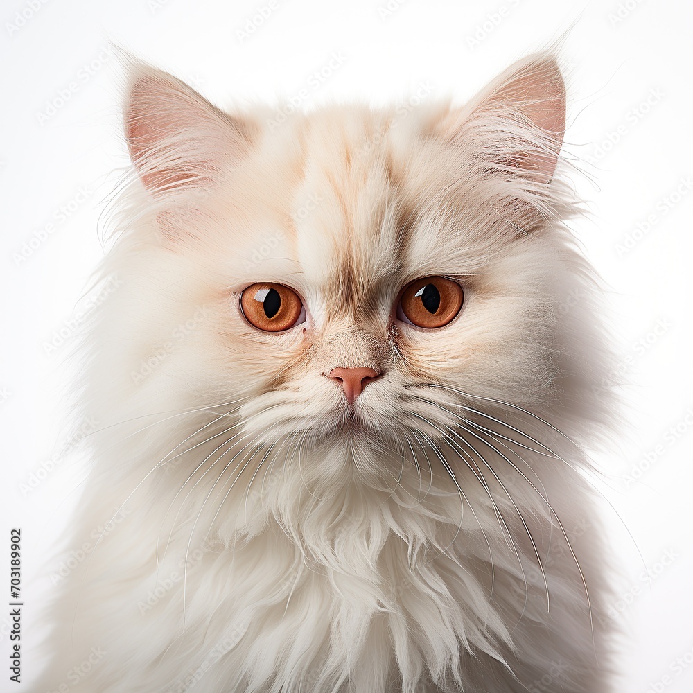image face White Persian cat sitting on white background, cat cute portrait focused lighting 