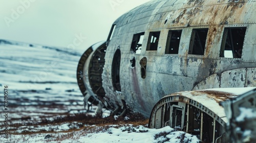 An old airplane sitting on top of a snow covered field. Perfect for aviation enthusiasts or winter-themed designs