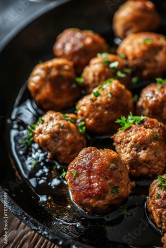 A pan filled with delicious meatballs covered in a savory sauce. Perfect for a hearty and flavorful meal.