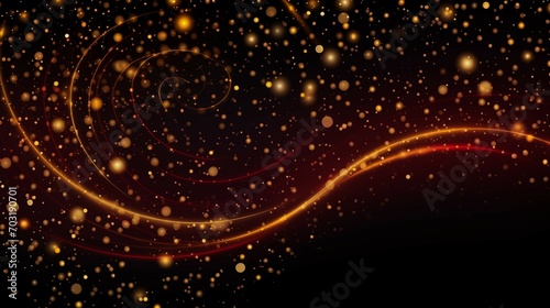 A Dark Background with Gold Stars and Swirls, in the Style of Light Red and Light Amber, Flowing Lines, Spirals, and Curves