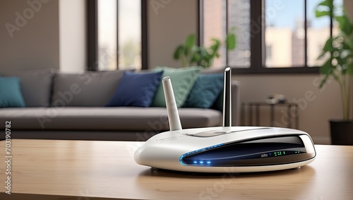 "High-Resolution Wireless Router on Table: 3D Render and 4K Photo"