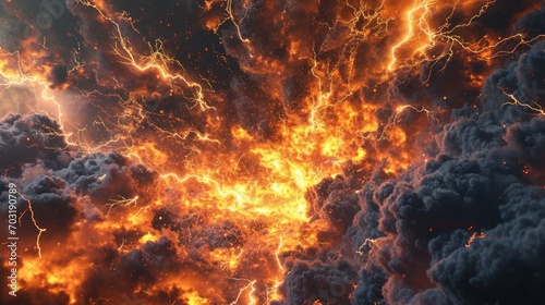 A powerful and intense fire surrounded by billowing clouds. Perfect for illustrating the destructive force of nature. Suitable for use in articles, presentations, and educational materials