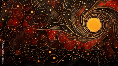 A Red and Gold Swirling Abstract Art with an Orange Burst on a Black Background