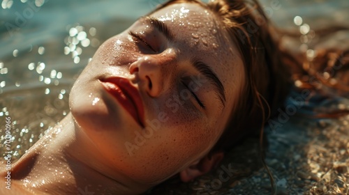 A woman peacefully laying in the water with her eyes closed. This image can be used to depict relaxation, meditation, or tranquility