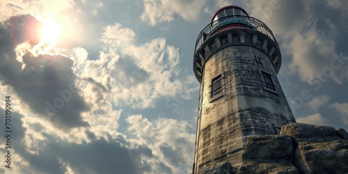 A lighthouse with a red light on top. Can be used to symbolize guidance, safety, or navigation