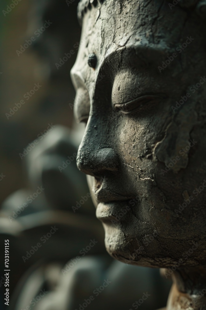 A detailed view of a statue of a person. Can be used to depict history, art, or architecture