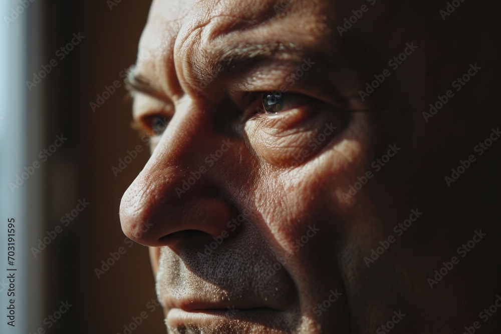 Obraz premium A close-up shot of a man gazing out of a window. Suitable for various themes and concepts