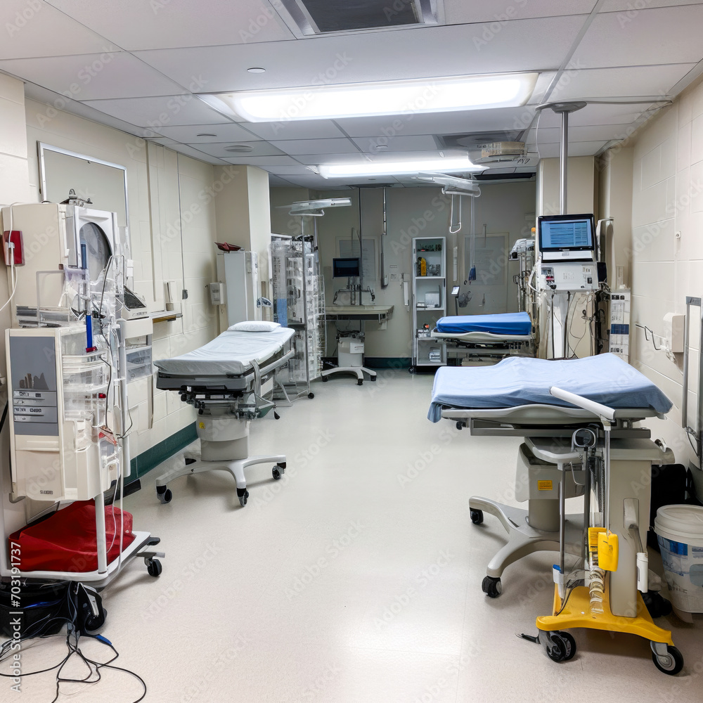 Fototapeta premium Modern operating room with various medical equipment, surgical tables, monitors and cabinets. The image is suitable for use in projects related to healthcare, medicine and technology.