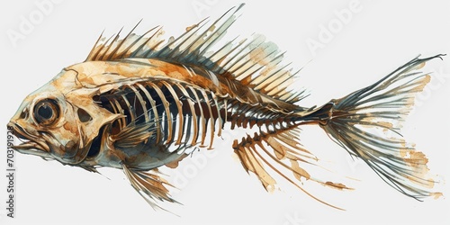 A painting of a fish skeleton on a white background. Suitable for scientific or educational materials