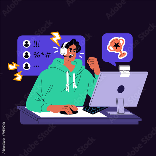 Gamer plays video games online. Computer player in headset wins in videogame. Young man, winner communicates with team in gaming chat. Professional cybersport. Flat isolated vector illustration