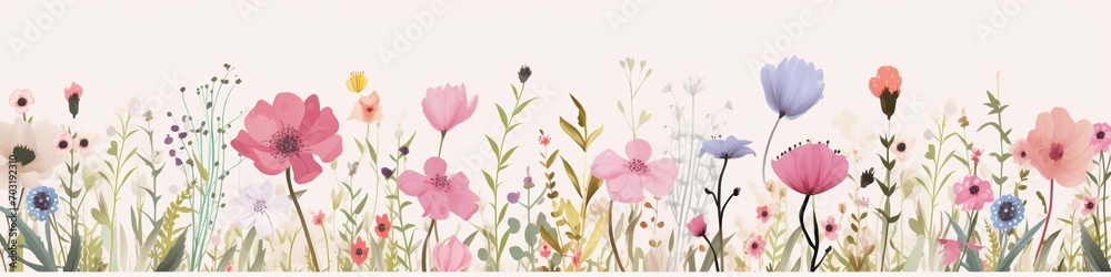 Fototapeta premium Spring and summer decorations background with beautiful wild flowers. Copy space for text banner.