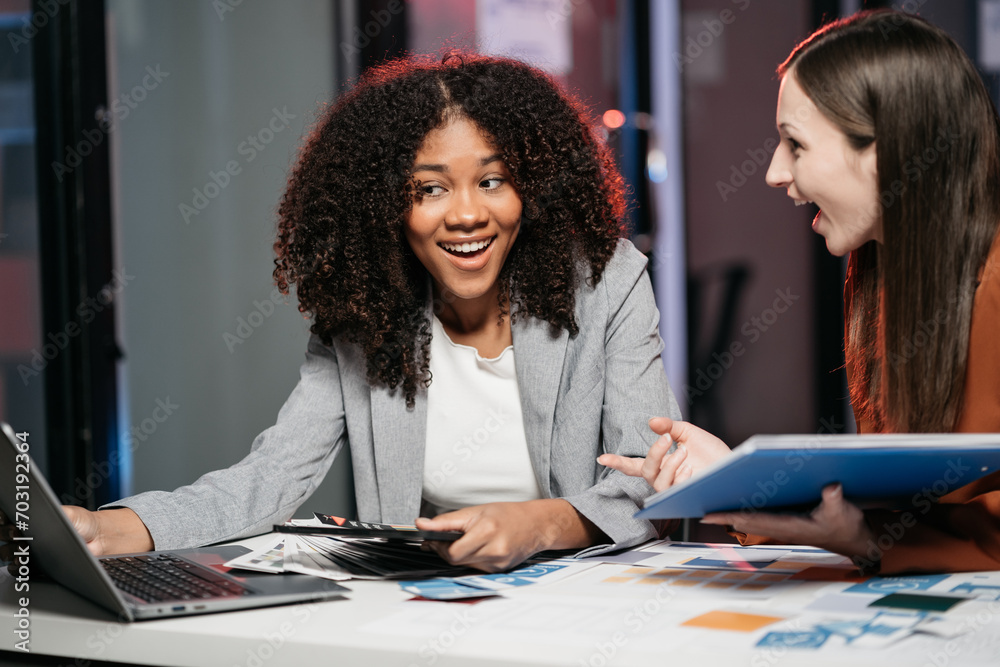 Office laptop, diversity teamwork and happy people review media application layout, creative design or project. designer working report. Office laptop, diversity teamwork and happy people review media application layout, creative design or project. designer working report.