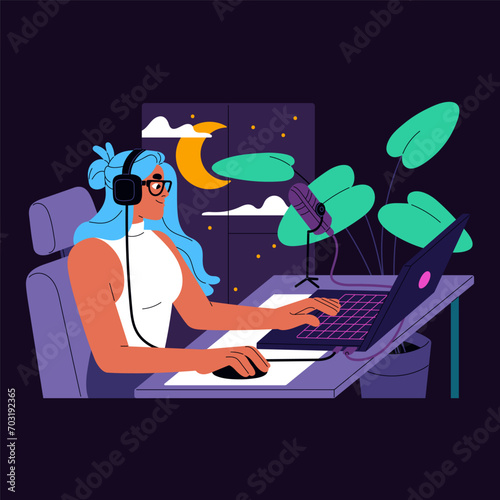 Video game player, gamer plays online. Streamer in headset streaming with microphone. Cute girl records podcast with laptop. Young woman works in computer at night. Flat isolated vector illustration