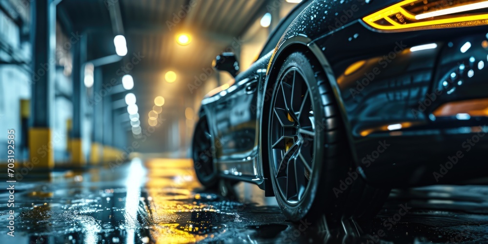 A detailed view of a car parked in a garage. Perfect for showcasing automotive details or representing car ownership. A detailed view of a car parked in a garage. Perfect for showcasing automotive details or representing car ownership.