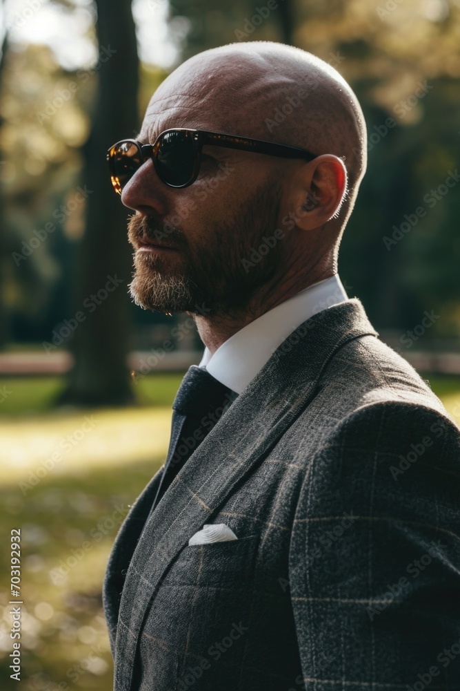 A man wearing a suit and sunglasses stands in a park. This image can be used for professional or business-related themes