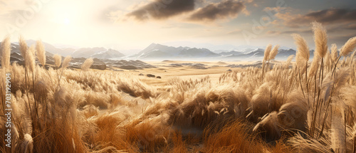 Landscape with dry reeds, beige cane, pampas grass. Macro Shoot. Nature, herbal background. Boho design. Generative ai