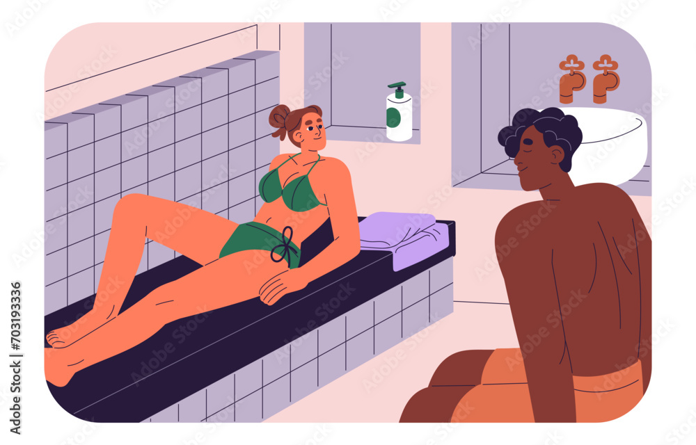 Obraz premium Hammam, sauna in salon. Thermal spa. Friends, men and women relax on bench in steam rooms, bathing in hot turkish banya, arabic bathhouse. People care about wellness, body. Flat vector illustration
