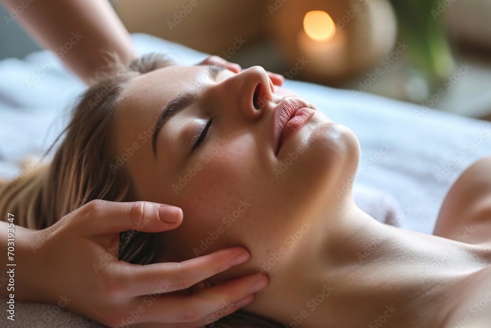 A woman enjoying a relaxing facial massage at a spa. Perfect for promoting self-care and wellness A woman enjoying a relaxing facial massage at a spa. Perfect for promoting self-care and wellness
