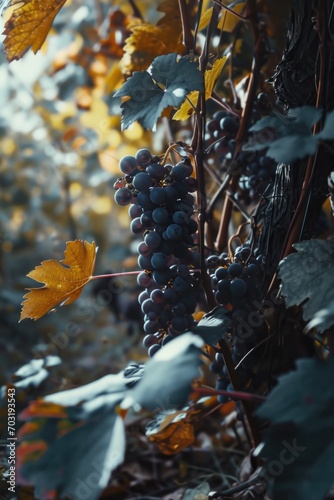 A bunch of grapes hanging from a vine. This image can be used to represent vineyards, winemaking, agriculture, or healthy eating