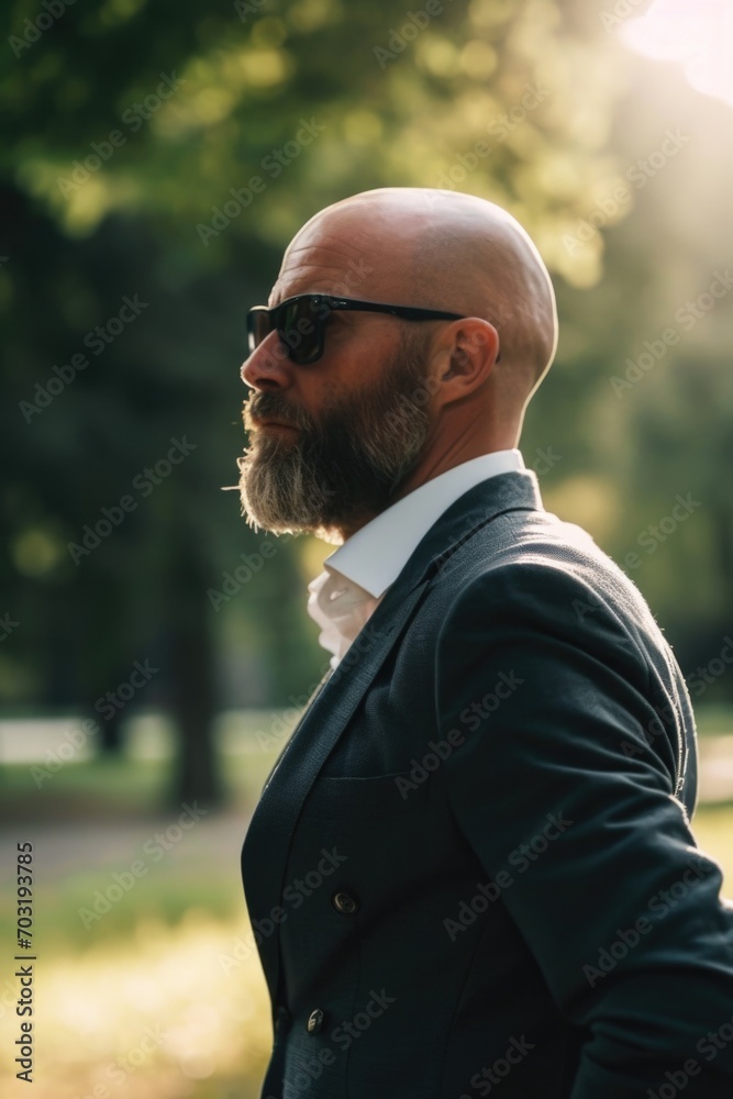 A man wearing a suit and sunglasses standing in a park. Suitable for corporate or business-themed designs