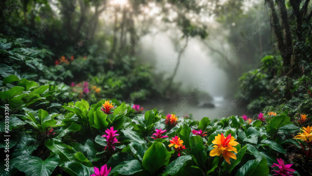Flowers in spring tropical rainforest, fog over a river in a wet forest, plant growth and environmental protection concept, wild jungle, springtime