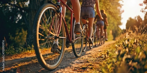 A group of people riding bikes down a dirt road. Suitable for outdoor adventure and recreational activities photo