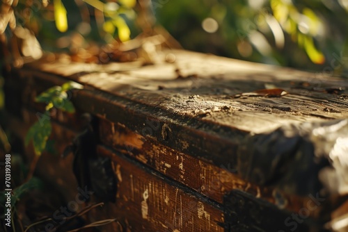 An old wooden trunk sitting among the trees in a serene forest. Perfect for rustic and vintage-themed projects © Fotograf