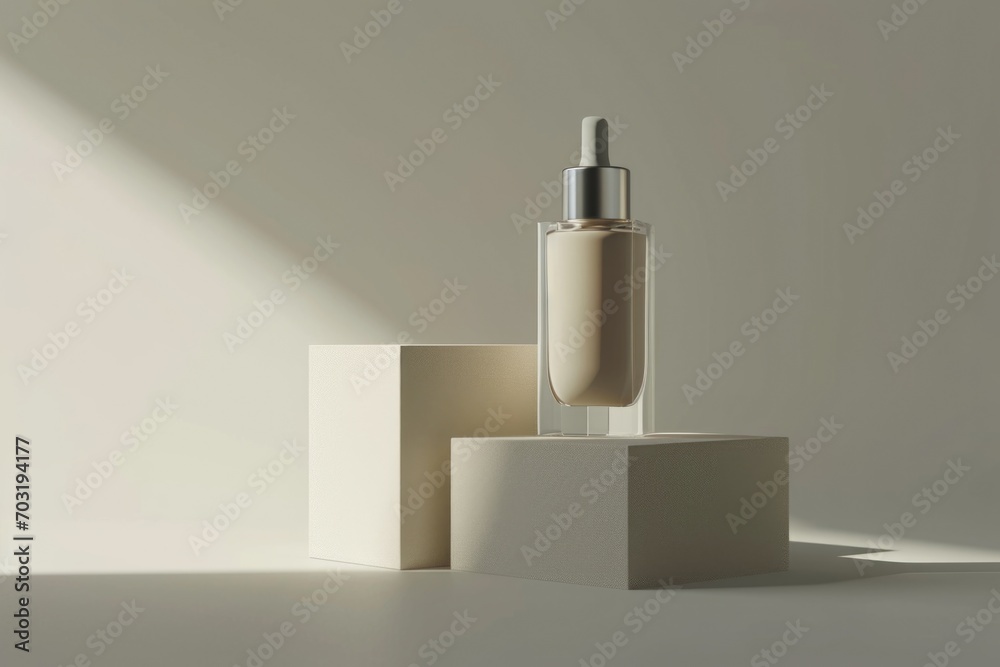 A bottle of liquid resting on top of a block. Suitable for various uses