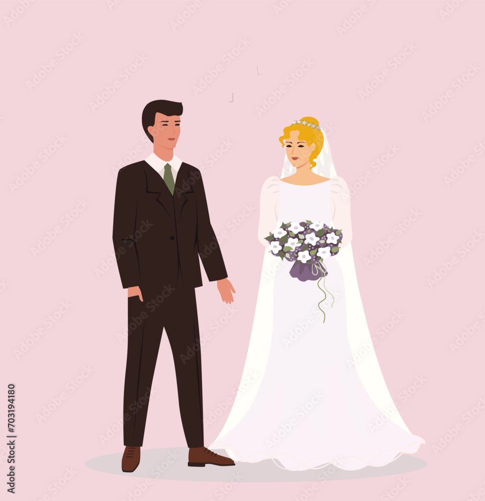 Bride and groom isolated. Couple in love. Wedding dress and suit. Fashion design. Newlyweds. Married husband and wife. Invitation. Flat vector illustration.