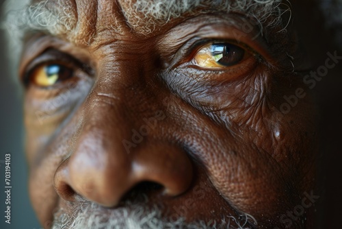 A close up view of a man's face with a striking orange eye. This image can be used to depict mystery, intensity, or creativity in various projects