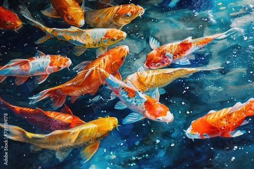 A beautiful painting depicting a group of koi fish swimming gracefully in a serene pond. Perfect for adding a touch of tranquility to any space
