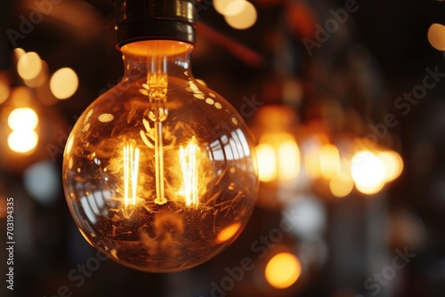 A close up view of a light bulb in a room. This image can be used to represent ideas, inspiration, or illumination in various contexts
