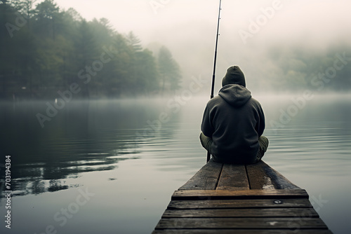 Visualize a person sitting on a dock by a serene lake - a fishing rod in hand - but displaying an expression of disinterest and boredom - with the calm water providing a tranquil backdrop. photo