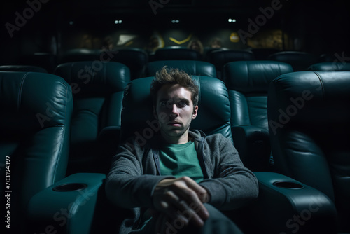  a man sitting alone in a dark home theater, watching a movie but with a clearly bored expression, surrounded by a sea of empty seats, emphasizing solitude and disinterest