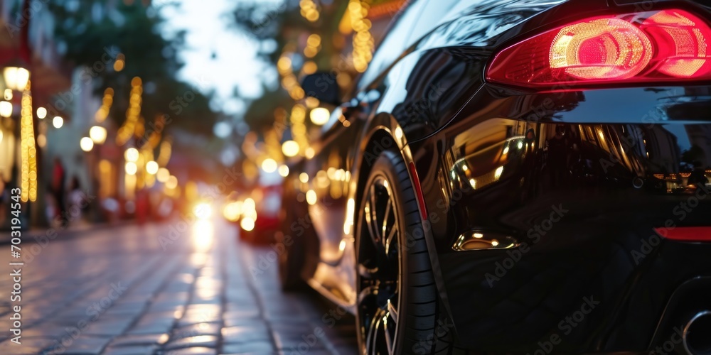 A detailed view of a car on a bustling city street. Perfect for automotive or urban-themed projects A detailed view of a car on a bustling city street. Perfect for automotive or urban-themed projects