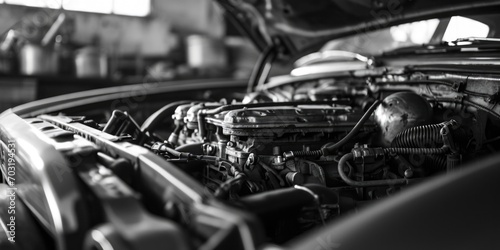 A black and white photo of a car engine. Suitable for automotive enthusiasts and mechanics