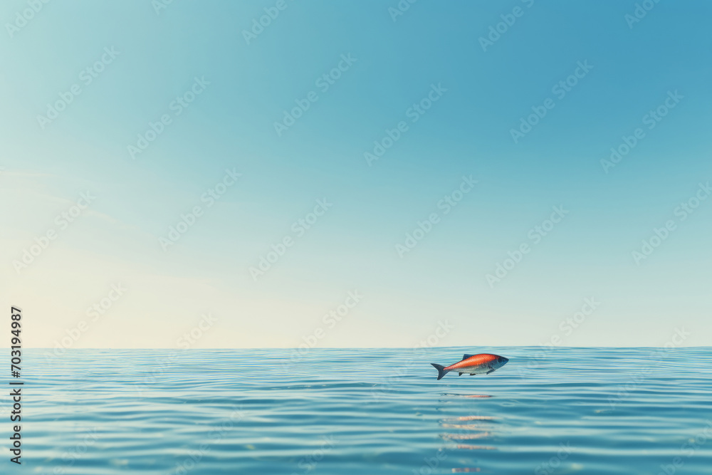 An artistic photo captures a dolphin swimming amidst small fish in the middle of the ocean.