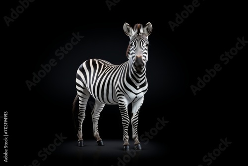 A highly detailed zebra stands against a black background, its stripes creating an optical art effect. © Duka Mer