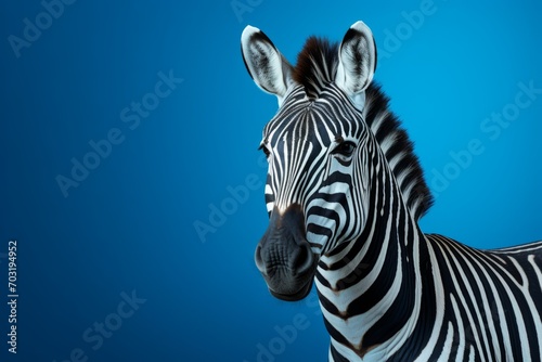 A highly detailed portrait of a zebra, with its unique stripes, is set against a blue background.