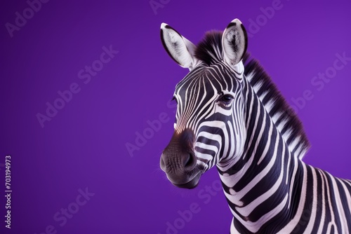 A zebra is depicted in a hyperrealistic portrait against a purple background, highlighting its stripes. © Duka Mer